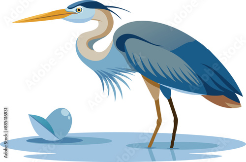 Vector illustration of a blue heron standing in water next to an egg, representing nature, wildlife, and animal behavior