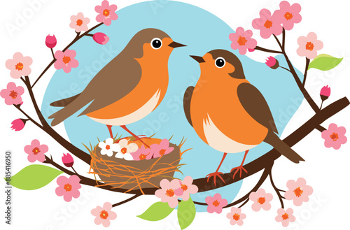 Colorful illustration of two robins sitting in a nest among cherry blossoms, representing spring, nature, and new beginnings