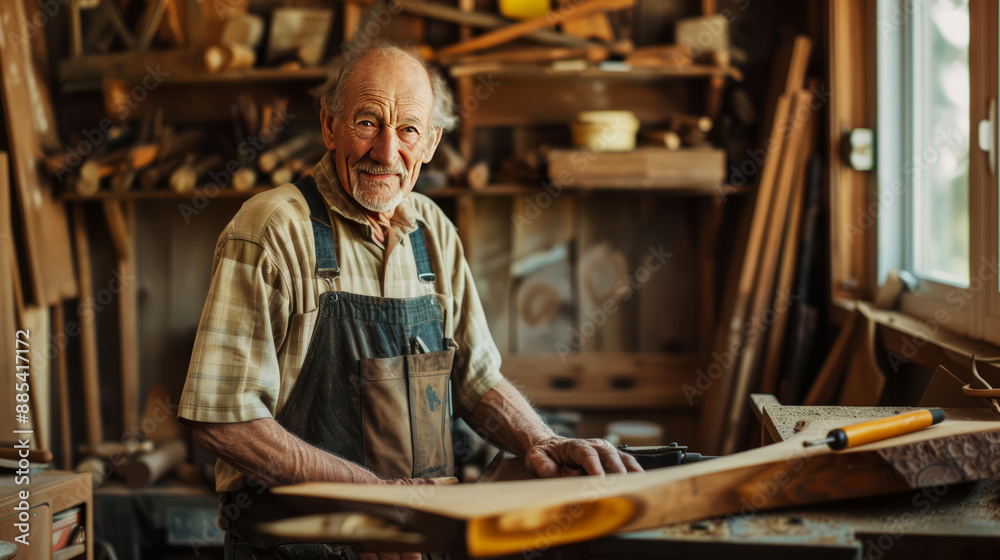 Older man working on a woodworking project in his garage workshop, wearing overalls and surrounded by tools and wooden pieces, showcasing craftsmanship and dedication. Older man working on a woodworking project in his garage workshop, wearing overalls and surrounded by tools and wooden pieces, showcasing craftsmanship and dedication.