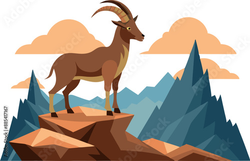 Creative illustration showing a mountain goat standing confidently on a rocky peak with mountains and clouds in the background.