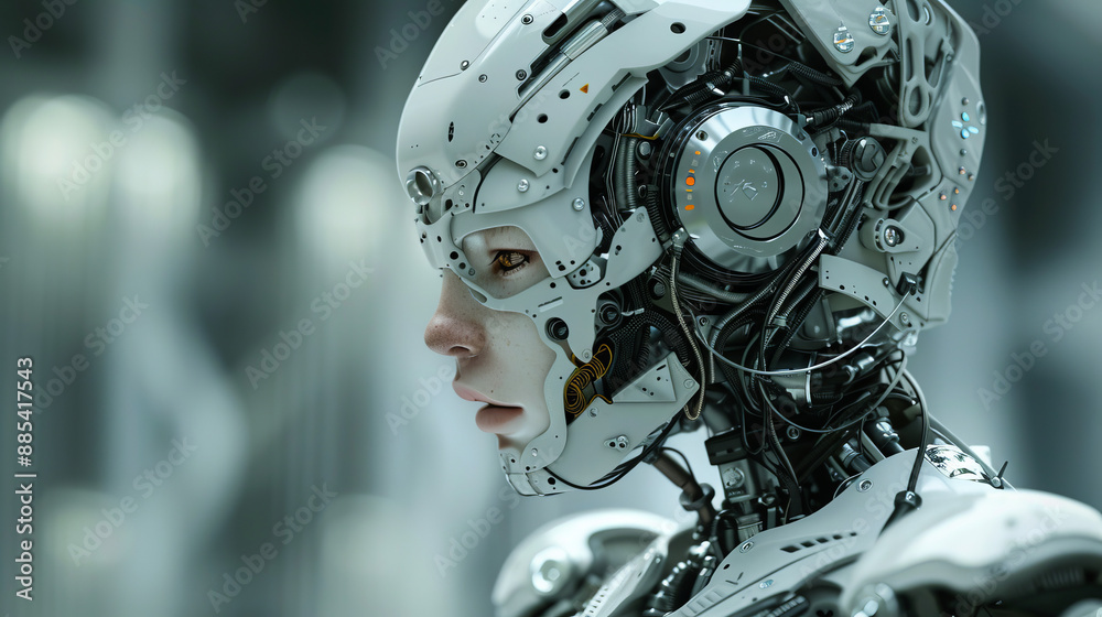 Portrait of a robot with artificial intelligence, its eyes emit neon light, a metal face with sensors and sensors symbolizes technological superiority and intelligence. Portrait of a robot with artificial intelligence, its eyes emit neon light, a metal face with sensors and sensors symbolizes technological superiority and intelligence.