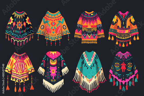 Cartoon Mexican poncho, vector traditional clothes of Mexico, decorated with bright ethnic pattern of colorful stripes,  photo