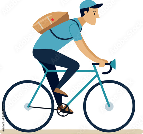 Illustration of a courier riding a bicycle with a large package on his back, delivering parcels on a white background.
