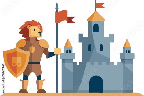 Illustration of a lion knight holding a shield and flag, standing beside a medieval castle with flags. Concept of bravery, adventure, and fantasy.