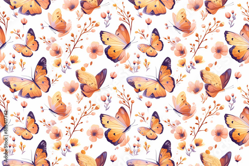 Playful pattern with orange butterflies and flowers, creating a whimsical and cheerful seamless design.