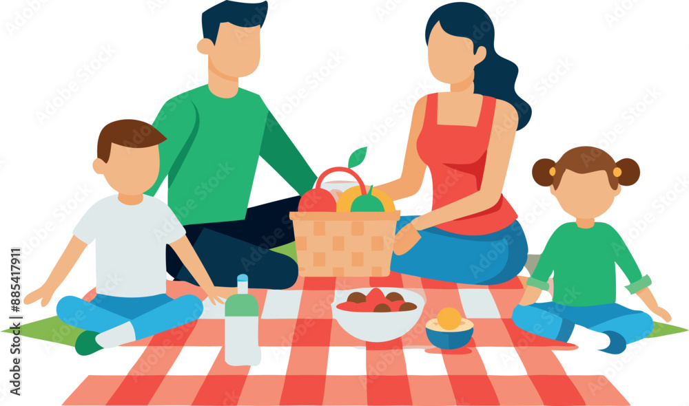 Happy family having a picnic outdoors with children, food, and a picnic basket on a sunny day. Illustration of family time.