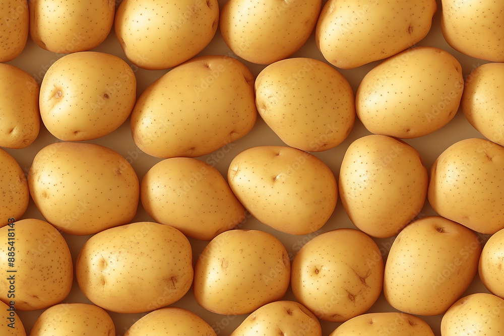 Realistic seamless pattern of golden potatoes arranged uniformly, creating a natural and earthy design.