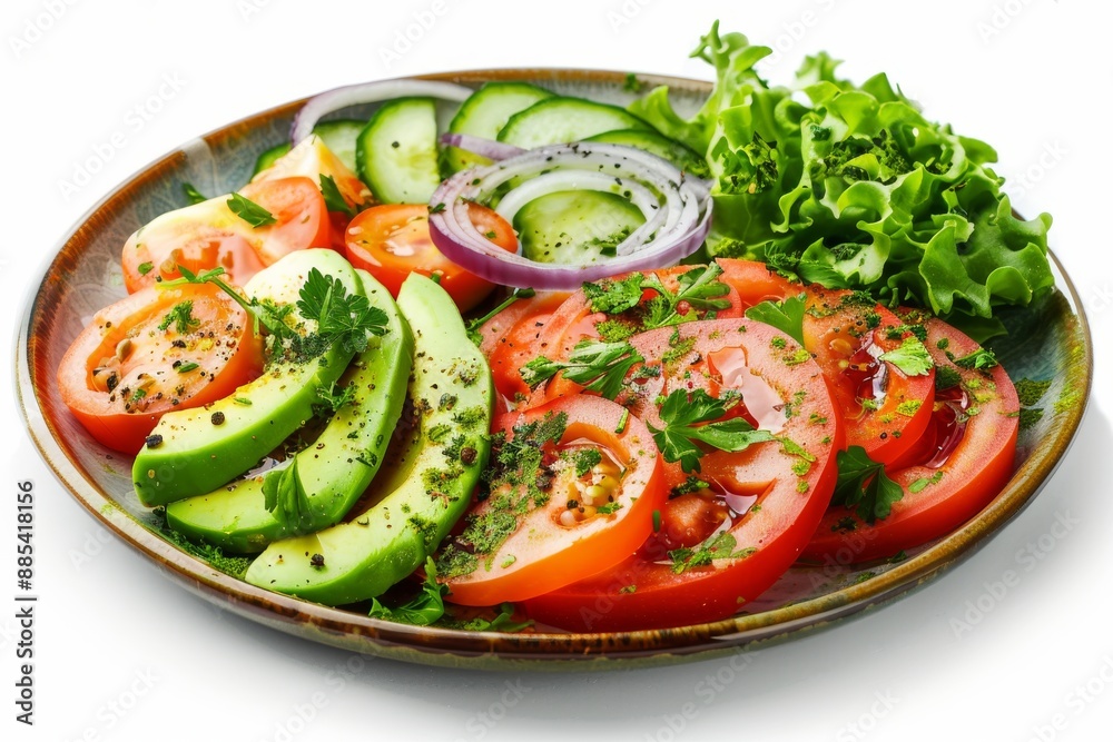 Salad with Avocado, Tomatoes and Onions on Flat Restaurant Plate Isolated on White Background