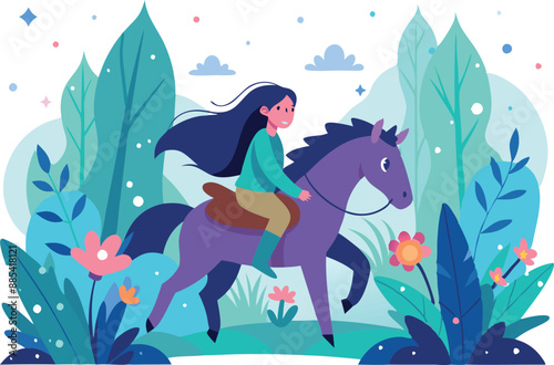 Whimsical illustration of a girl riding a horse in a colorful forest setting surrounded by lively plants and leaves.