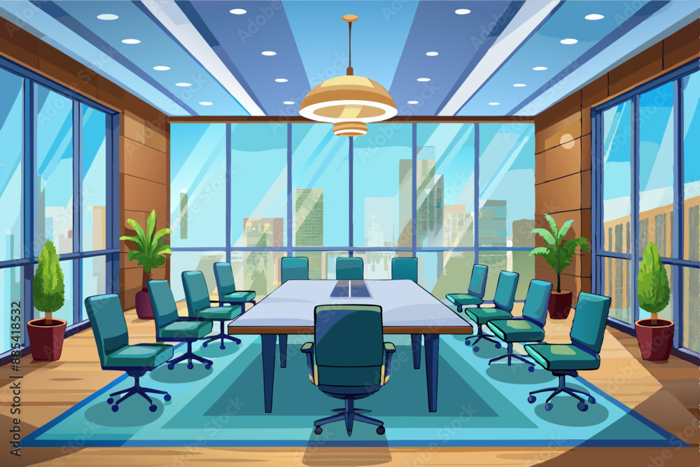 Modern conference room with elegant furniture and large windows.