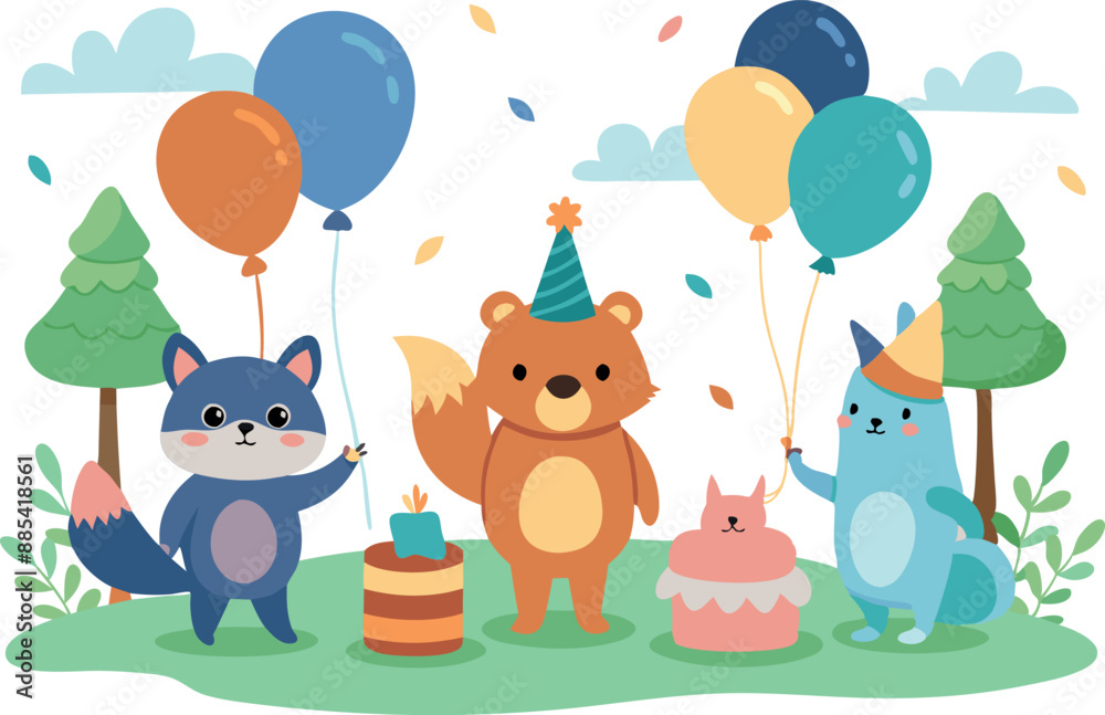 Adorable woodland animals enjoy a birthday party outdoors, featuring colorful balloons, gifts, and festive hats. Adorable woodland animals enjoy a birthday party outdoors, featuring colorful balloons, gifts, and festive hats.