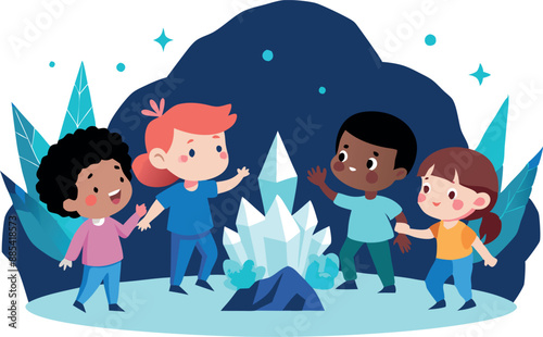 Illustration of a group of diverse children discovering large crystals in a mystical, imaginary environment. The scene evokes wonder, adventure, friendship, and exploration.