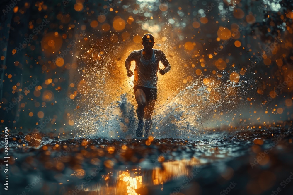 Athlete running a marathon, sweat pouring down and pushing through fatigue Athlete running a marathon, sweat pouring down and pushing through fatigue