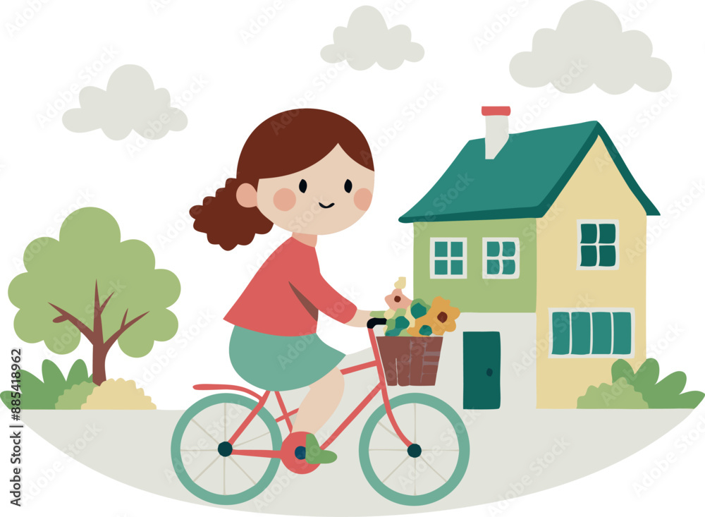 Charming cartoon depicting a young girl cycling past a quaint house with flowers in her bicycle basket. Perfect for themes of childhood, outdoor activities, and simple joys. Charming cartoon depicting a young girl cycling past a quaint house with flowers in her bicycle basket. Perfect for themes of childhood, outdoor activities, and simple joys.