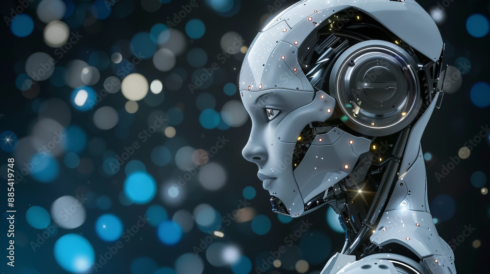 Fototapeta premium Portrait of an AI robot, its face is covered with metal plates, its eyes glow with neon, showing the depth of analytical thinking and high technology.