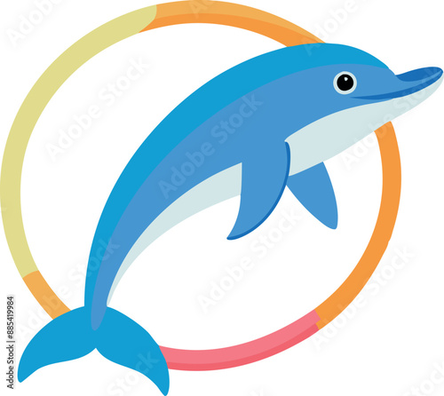 Illustration of a cheerful cartoon dolphin jumping through a colorful hoop on a clean white background.