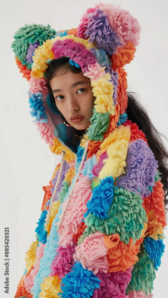 Fototapeta premium A young woman in a colorful, fluffy hoodie with bear ears.
