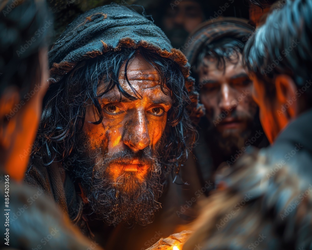 Obraz premium Divine Encounter - Hyper-Realistic Depiction of Jesus Christ with Disciples Post-Resurrection, Thomas Touching Wounds, 8k Resolution