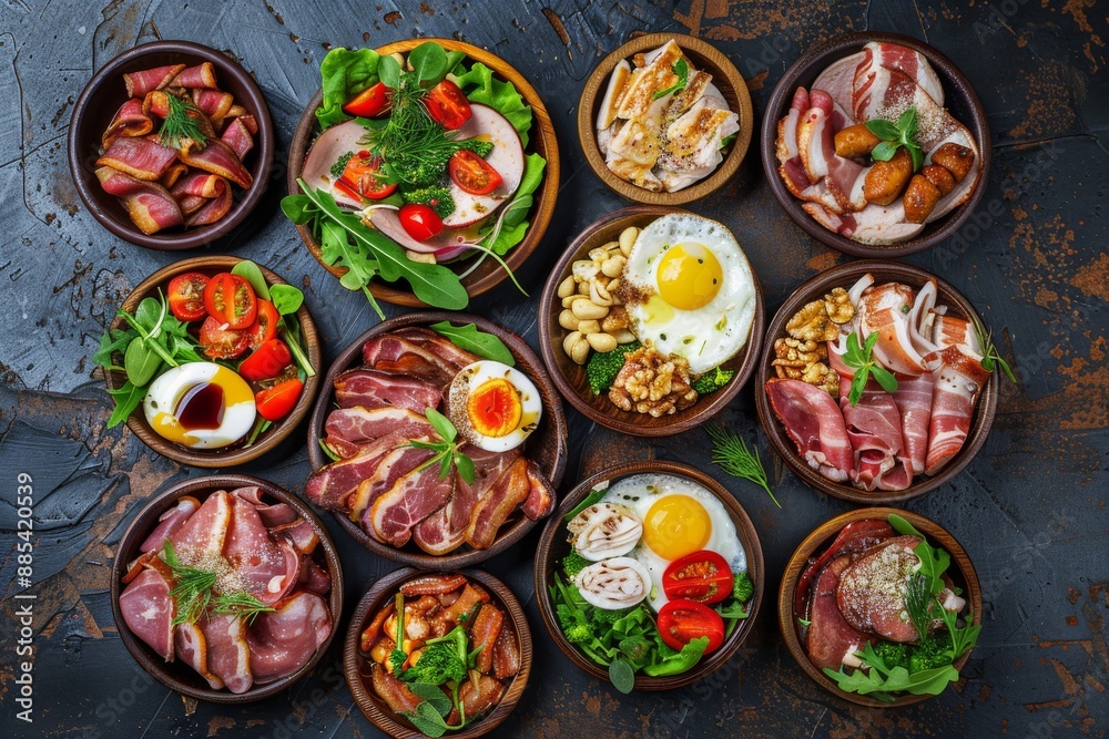 Set of Various Meat Salads on Rustic Ceramic Plates Top View. Salad Mix, Smoked Turkey, Honey Sauce Set of Various Meat Salads on Rustic Ceramic Plates Top View. Salad Mix, Smoked Turkey, Honey Sauce