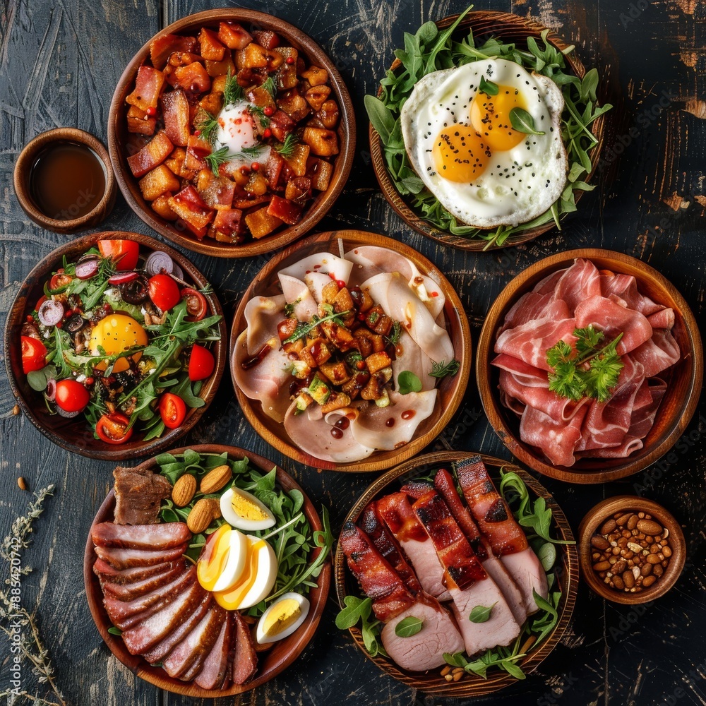 Set of Various Meat Salads on Rustic Ceramic Plates Top View. Salad Mix, Smoked Turkey, Honey Sauce