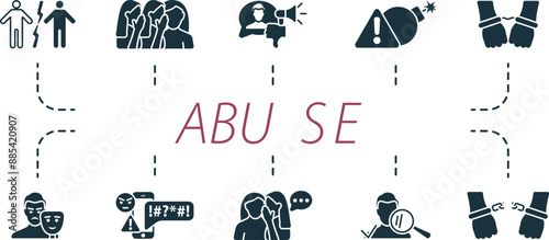 Abuse icons set. Creative icons: racist, rumors, discredit, threats, punishing, impersonate, cyber bullying, gossip, identify, liberty.