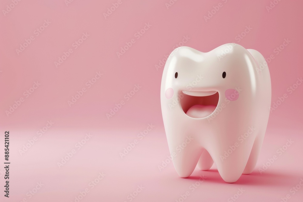 3D Icon Of A White Tooth Smiling Isolated On A Pastel Pink Wallpaper With Copy Space, Concept Of Dentistry, Dental Care 3D Icon Of A White Tooth Smiling Isolated On A Pastel Pink Wallpaper With Copy Space, Concept Of Dentistry, Dental Care