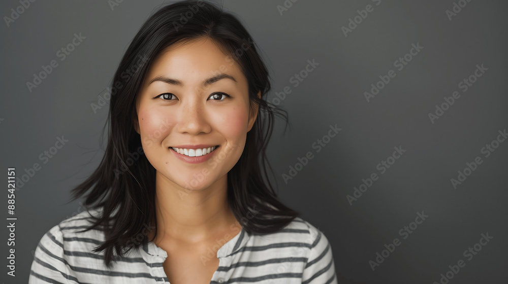 Smiling Asian Woman in Striped Shirt Against Dark Background Smiling Asian Woman in Striped Shirt Against Dark Background