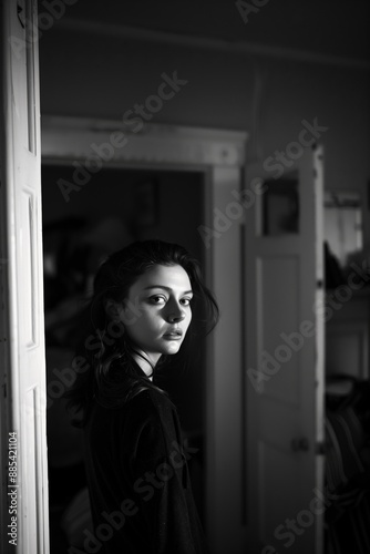 Distressed woman in shadowed doorway Free Download Distressed woman in shadowed doorway - GFXLoad