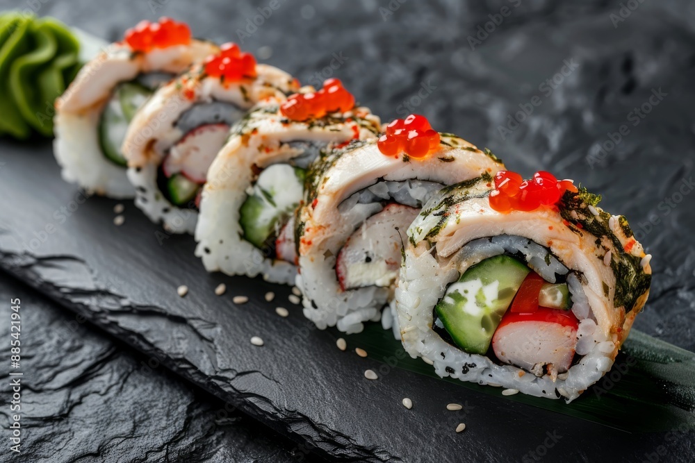 Chicken Uramaki Sushi with Bacon, Processed Cheese, Tomato, Green Onion, Black and White Chicken Uramaki Sushi with Bacon, Processed Cheese, Tomato, Green Onion, Black and White