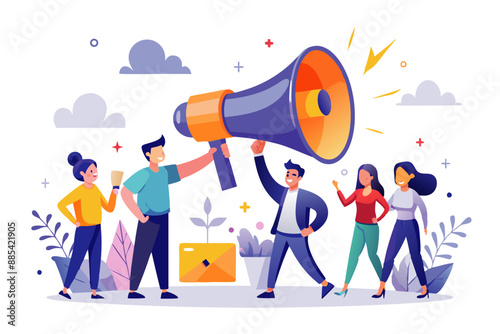 business people announcing loud messages through the megaphone, flat vector illustration concept