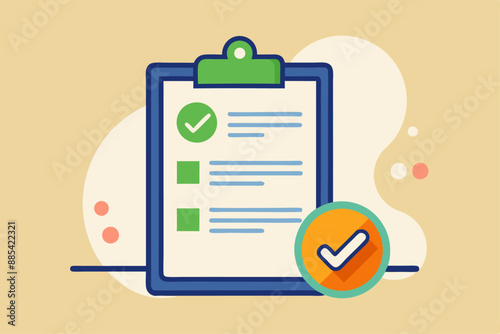flat vector illustration clipboard with a text document and approved stamp