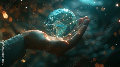 Hand holding Global network connection to big data around the world.a nd tecnology internet metaverse concept 