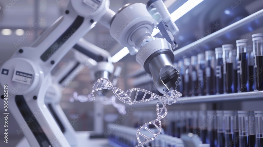 CRISPR Precision Robotic Arms Manipulating DNA Strands in Advanced Genome Editing Lab CRISPR Precision Robotic Arms Manipulating DNA Strands in Advanced Genome Editing Lab