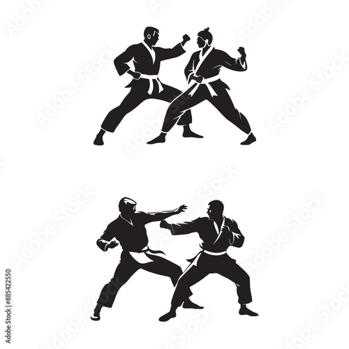 Two men practicing karate silhouette, Two karate men fighters in a match, vector collection of karate martial arts silhouette illustrations photo