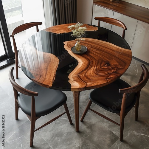 Stunning epoxy resin and wood round dining table with four matching chairs photo