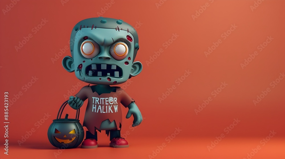 3D Rendered Zombie Character with Trick or Treat Bag in Minimalist Art Style 3D Rendered Zombie Character with Trick or Treat Bag in Minimalist Art Style