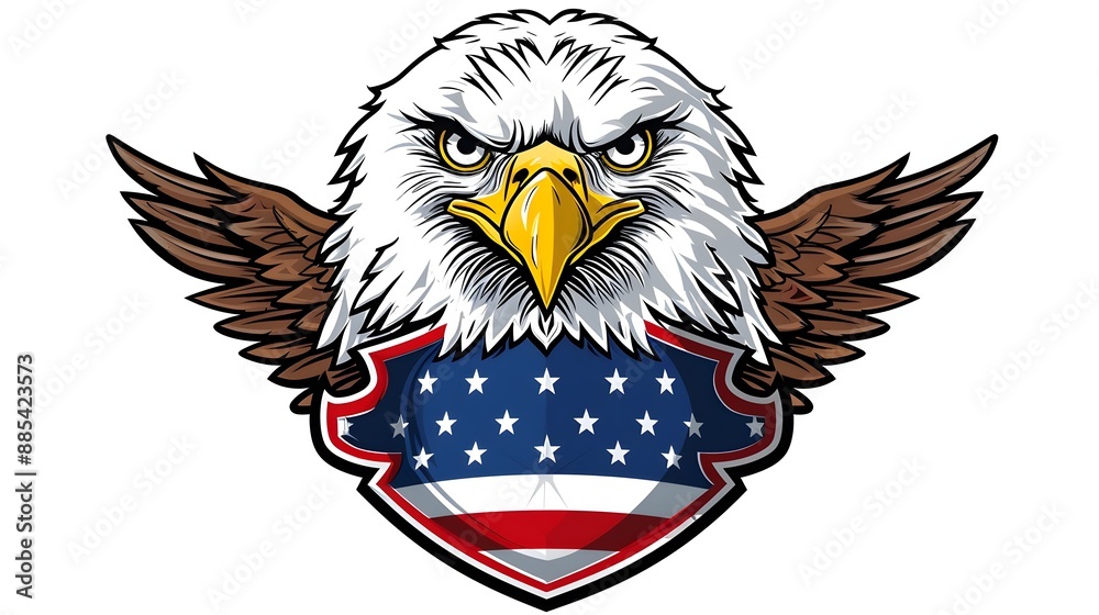 Fototapeta premium Bald Eagle Silhouette with American Flag Shield Emblem for Patriotic Apparel Design
