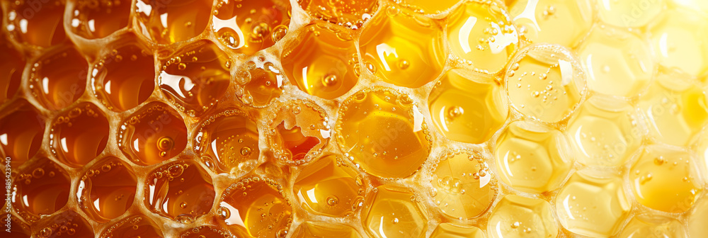 Honeycomb of bees background, with sweet golden honey, texture and pattern of section of wax honeycomb 