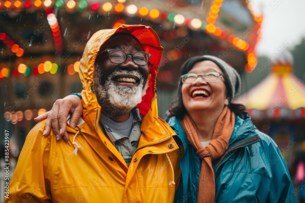 Portrait of a merry multiethnic couple in their 60s wearing a vibrant raincoat isolated on lively amusement park background Portrait of a merry multiethnic couple in their 60s wearing a vibrant raincoat isolated on lively amusement park background