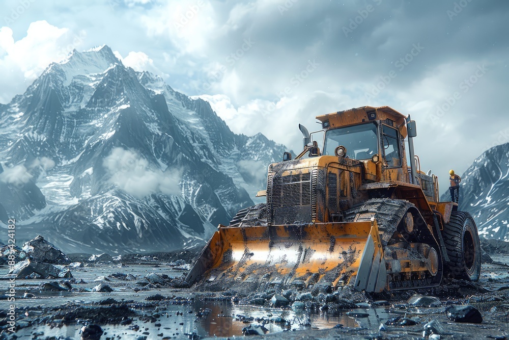 Bulldozer moving earth at a large construction project with workers guiding Bulldozer moving earth at a large construction project with workers guiding