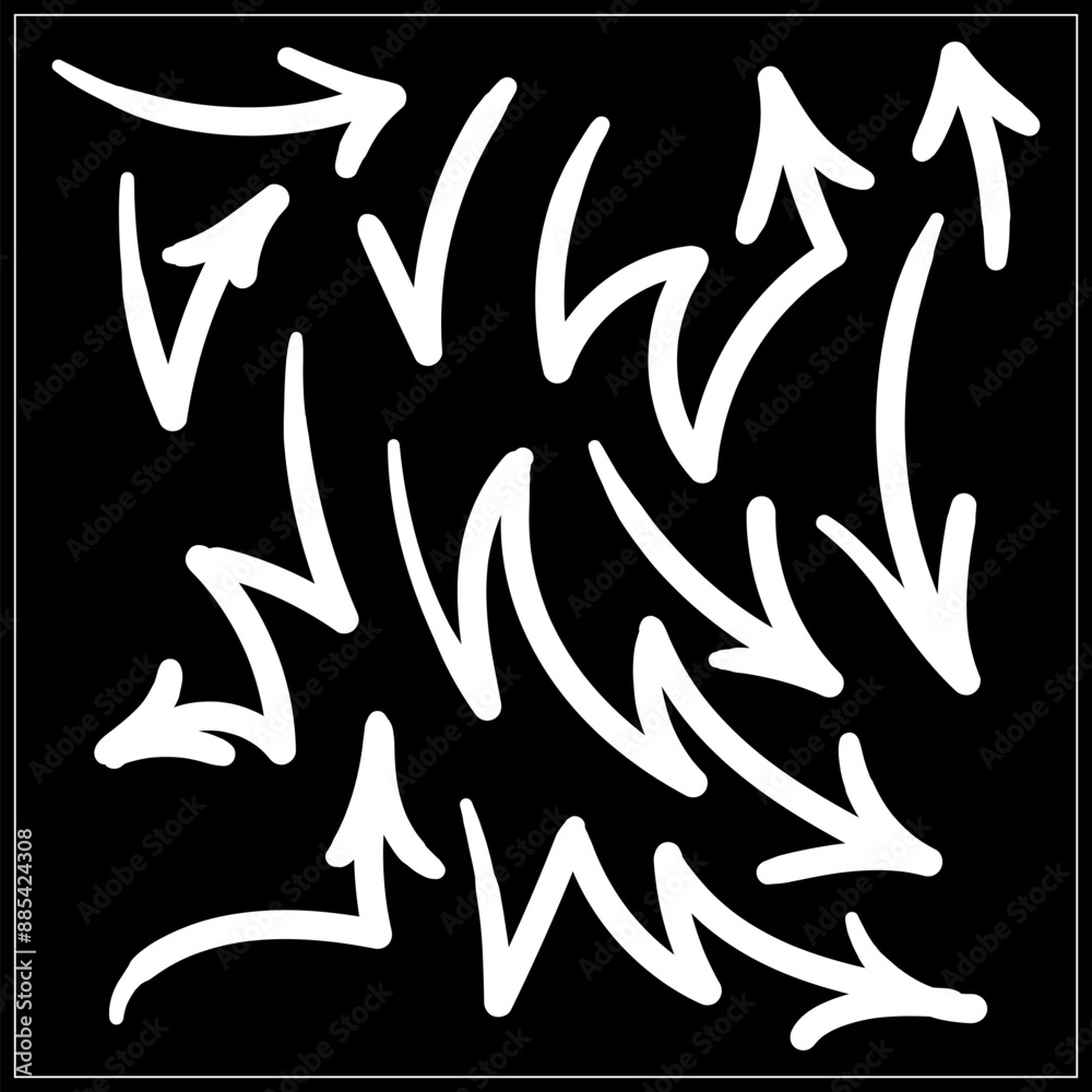 Set of hand drawn arrows on a black background. Vector illustration. Set of hand drawn arrows on a black background. Vector illustration.