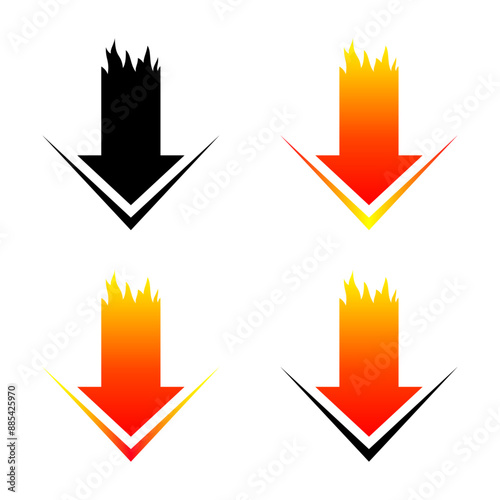 An arrow that burns like a flame. Pointing downward. Download or price reduction, discount.
