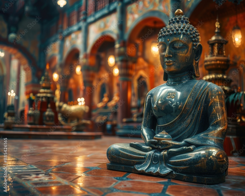 Serene Buddha Statue in Traditional Buddhist Temple with Golden Spires, 8K Resolution