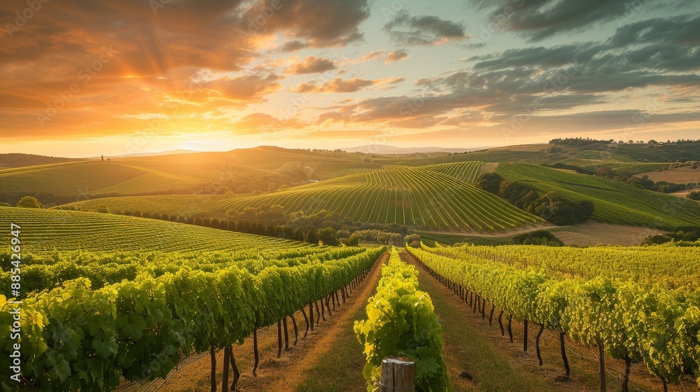 Fototapeta premium A lush vineyard with rolling hills under the sunset AI generated illustration