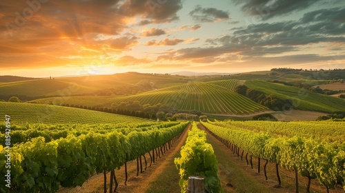 A lush vineyard with rolling hills under the sunset  AI generated illustration
