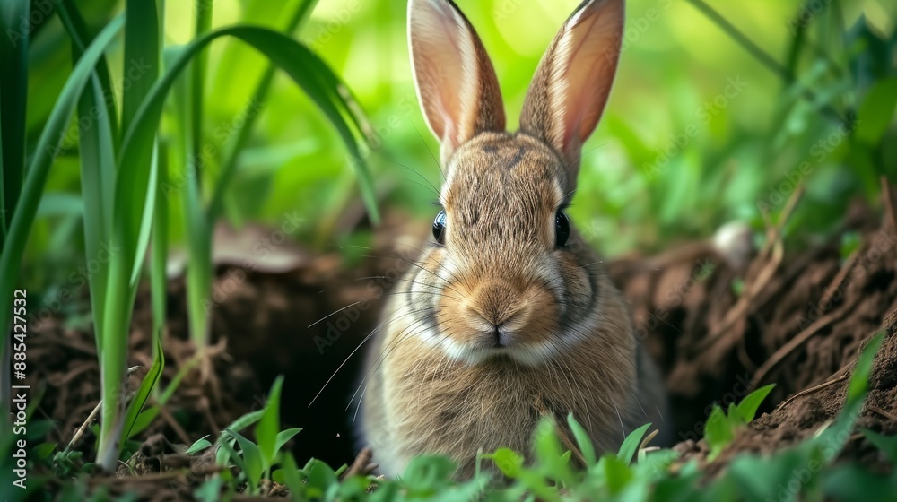 A macro rabbit sitting coily in its hole surrounded by blades of grass like towering trees AI generated illustration A macro rabbit sitting coily in its hole surrounded by blades of grass like towering trees AI generated illustration