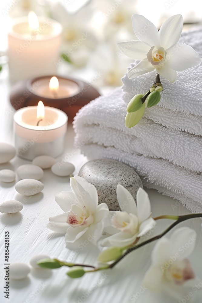 A macro shot of a spa treatment setup with aromatic candles and a towel AI generated illustration A macro shot of a spa treatment setup with aromatic candles and a towel AI generated illustration