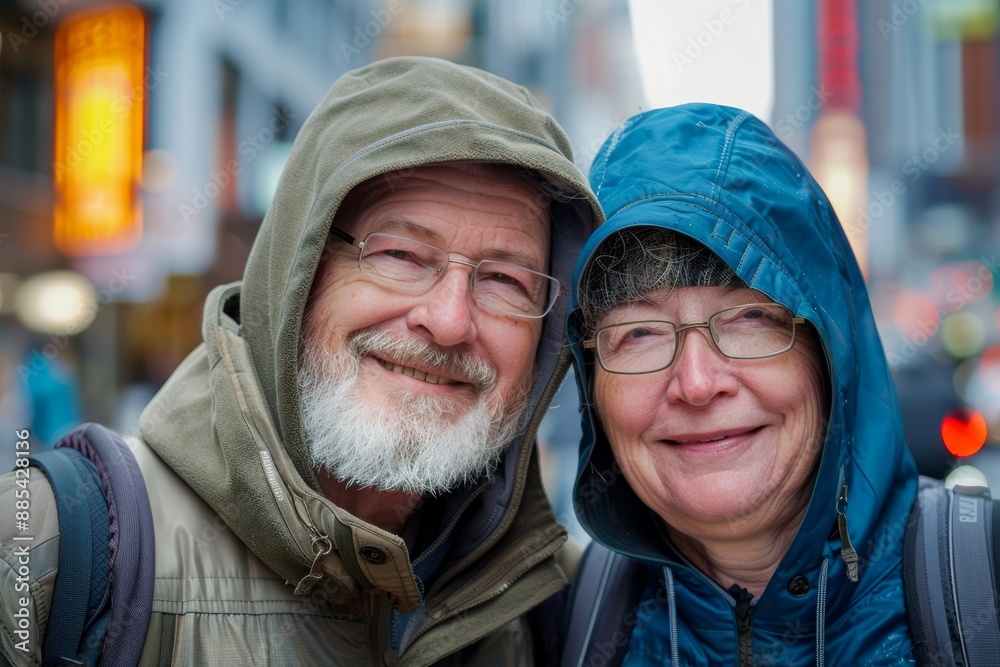 Portrait of a glad caucasian couple in their 60s sporting a comfortable hoodie isolated on bustling city street background Portrait of a glad caucasian couple in their 60s sporting a comfortable hoodie isolated on bustling city street background