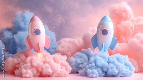 Cute gender reveal party invitation with little pink and blue socks and balloons