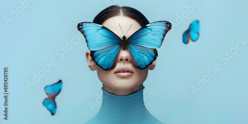 Butterfly-Inspired Art A Woman with a Double Butterfly Face Overlay. Concept Butterfly Art, Woman Portrait, Double Overlay, Face Transformation, Nature Inspired photo